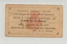 Thistle Dining Room - Best 4 Course Dinner in Boston - Mrs. M. J. Dickson, Perkins Collection 1850 to 1900 Advertising Cards